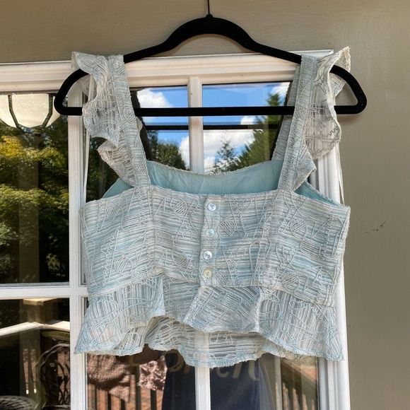 J.O.A. Green Blue Ruffled Embroidered Cropped Tank Top Shirt Sz Small, MSRP $62 - Picture 3 of 6